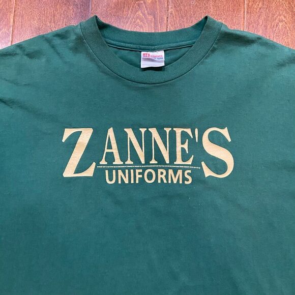 Hanes Vintage 90s Zannes Uniforms Hunter Green Basic T-Shirt Men's XXL - Picture 2 of 8
